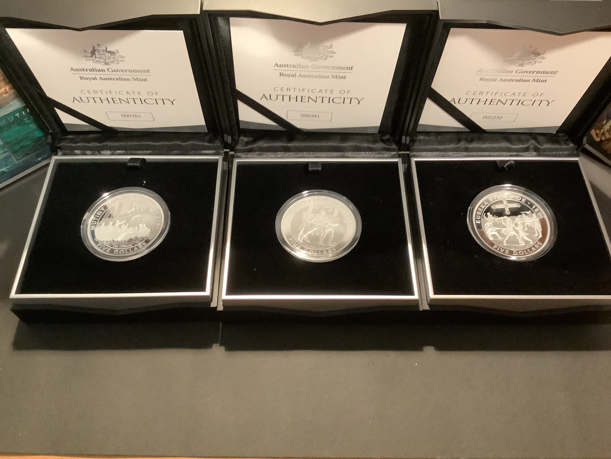 2019 Mutiny And Rebellion Three $5 Silver Proof Coin Set. 1789, 1808, 1854.