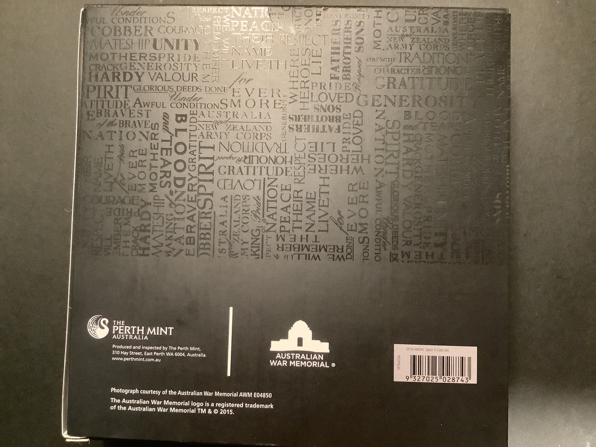 2016 The Anzac Spirit 100th Anniversary 3 Coin 1/2 ounce silver coin set.