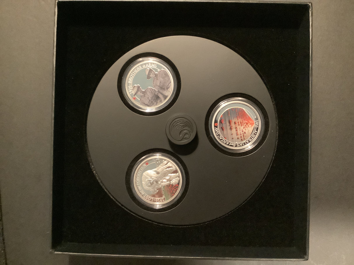 2016 The Anzac Spirit 100th Anniversary 3 Coin 1/2 ounce silver coin set.