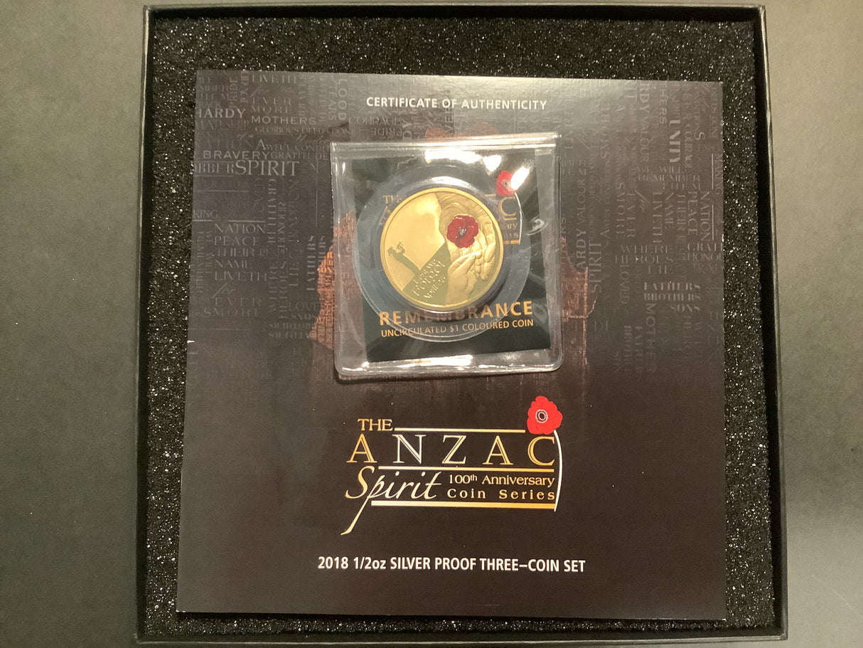 2018 The Anzac Spirit 100th Anniversary 3 Coin 1/2 ounce silver coin set.