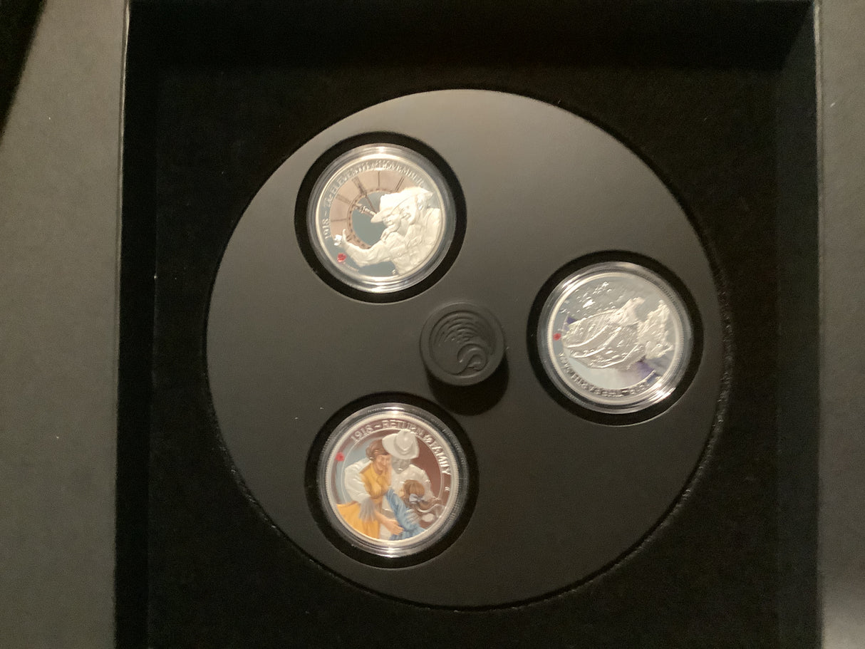 2018 The Anzac Spirit 100th Anniversary 3 Coin 1/2 ounce silver coin set.