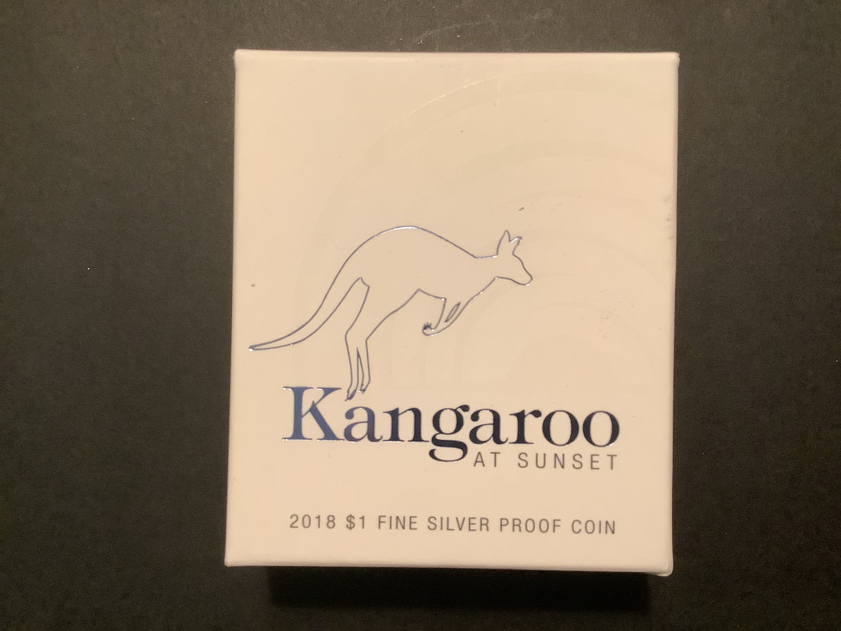2018 Kangaroo At Sunset $1 Fine Silver Proof Coin.