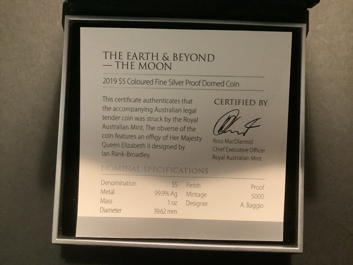 2019 Earth and Beyond Series The Moon. $5 Coloured Fine Silver Proof Damed Coin.