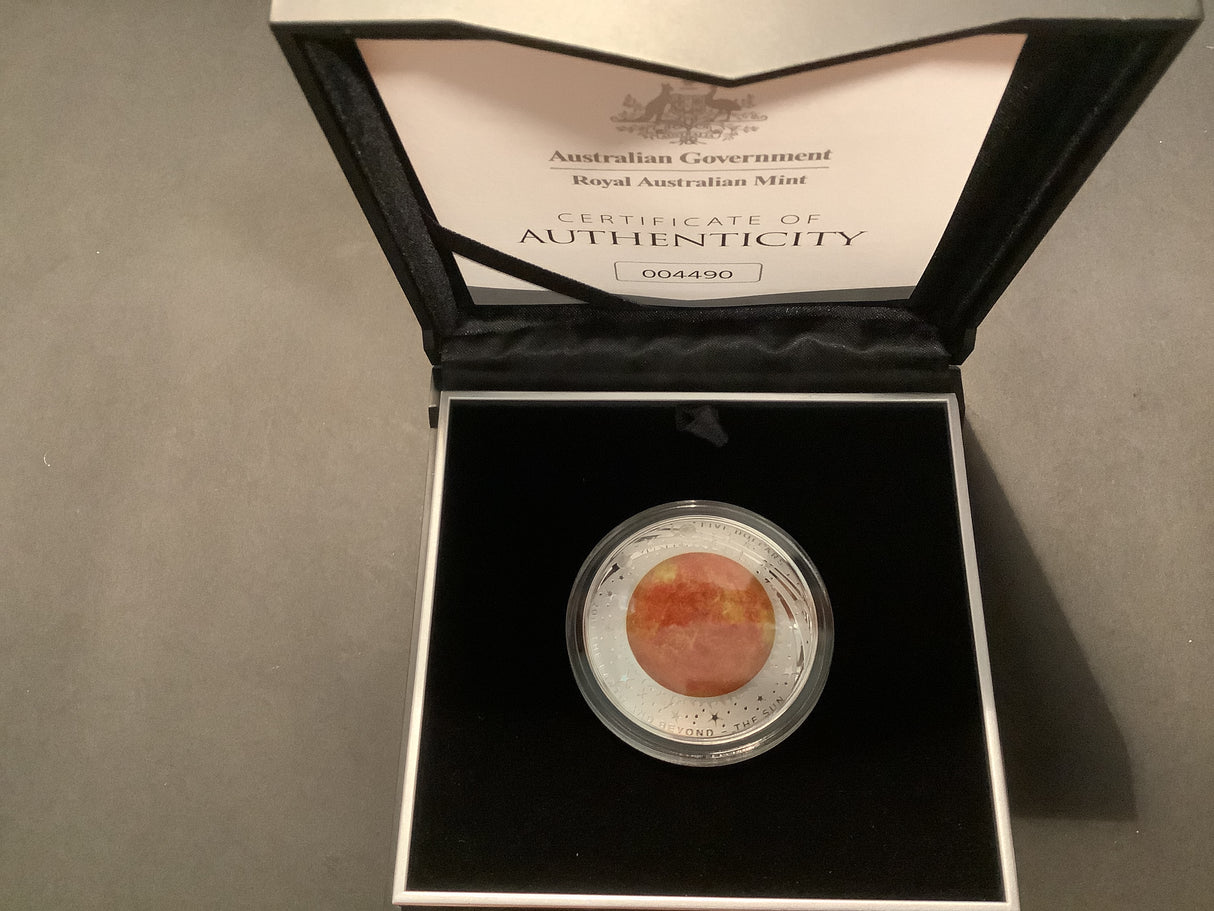 2019 The Earth & Beyond. The Sun $5 Coloured Fine Silver Proof Doomed Coin.