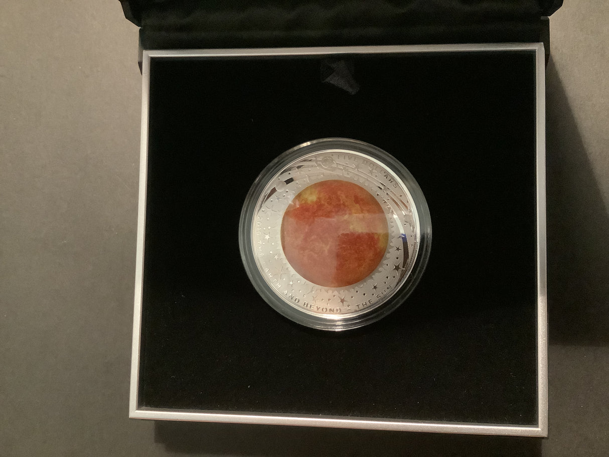 2019 The Earth & Beyond. The Sun $5 Coloured Fine Silver Proof Doomed Coin.