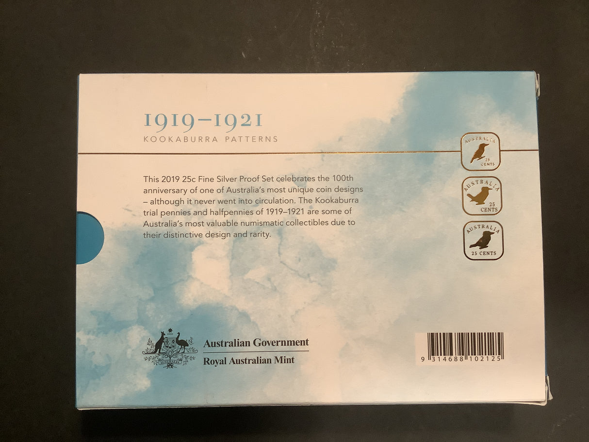 2019 25c Kookaburra Patterns 1919-1921 Three Coin Fine Silver Proof Set.