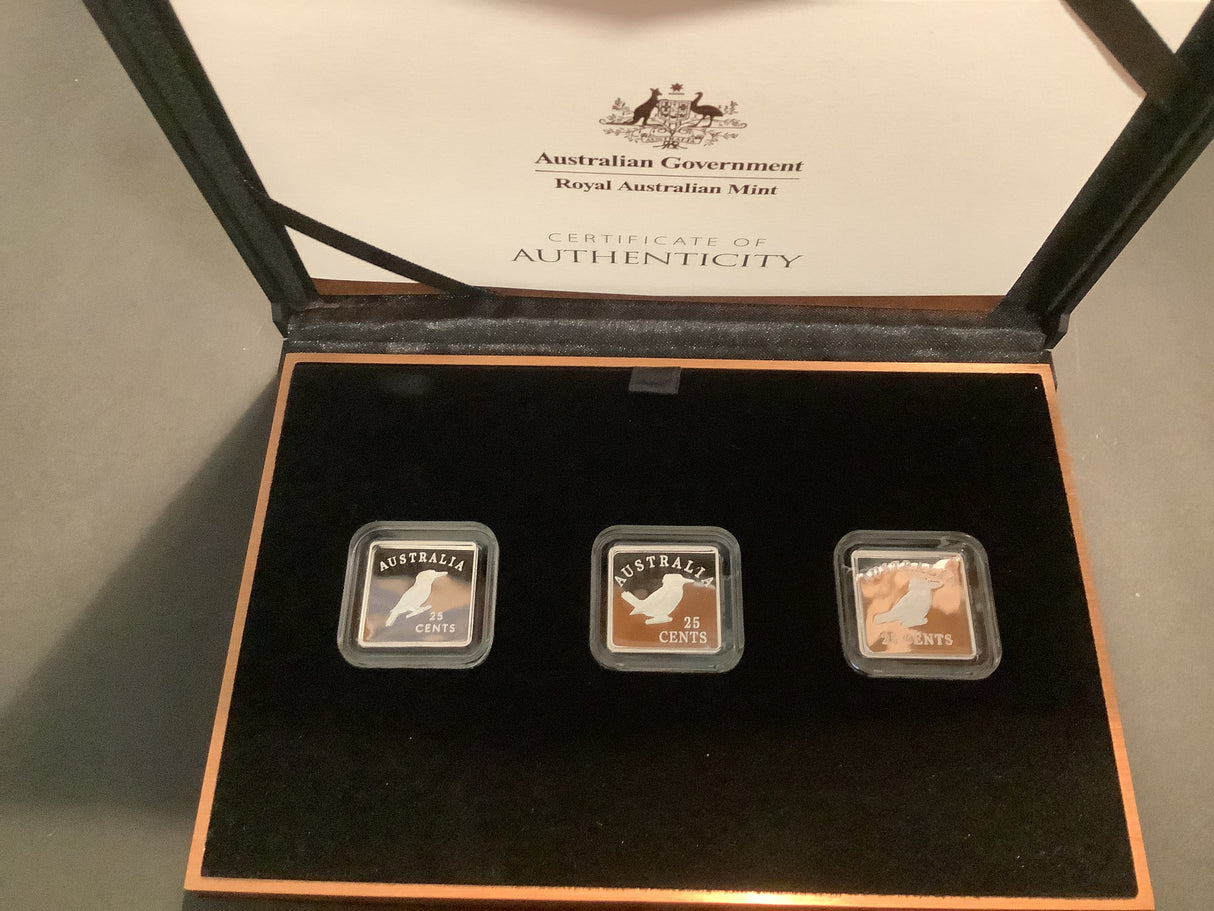 2019 25c Kookaburra Patterns 1919-1921 Three Coin Fine Silver Proof Set.