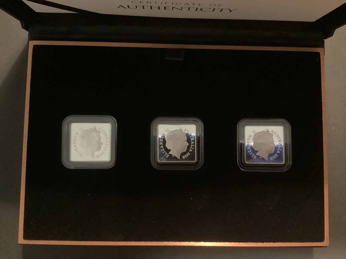 2019 25c Kookaburra Patterns 1919-1921 Three Coin Fine Silver Proof Set.