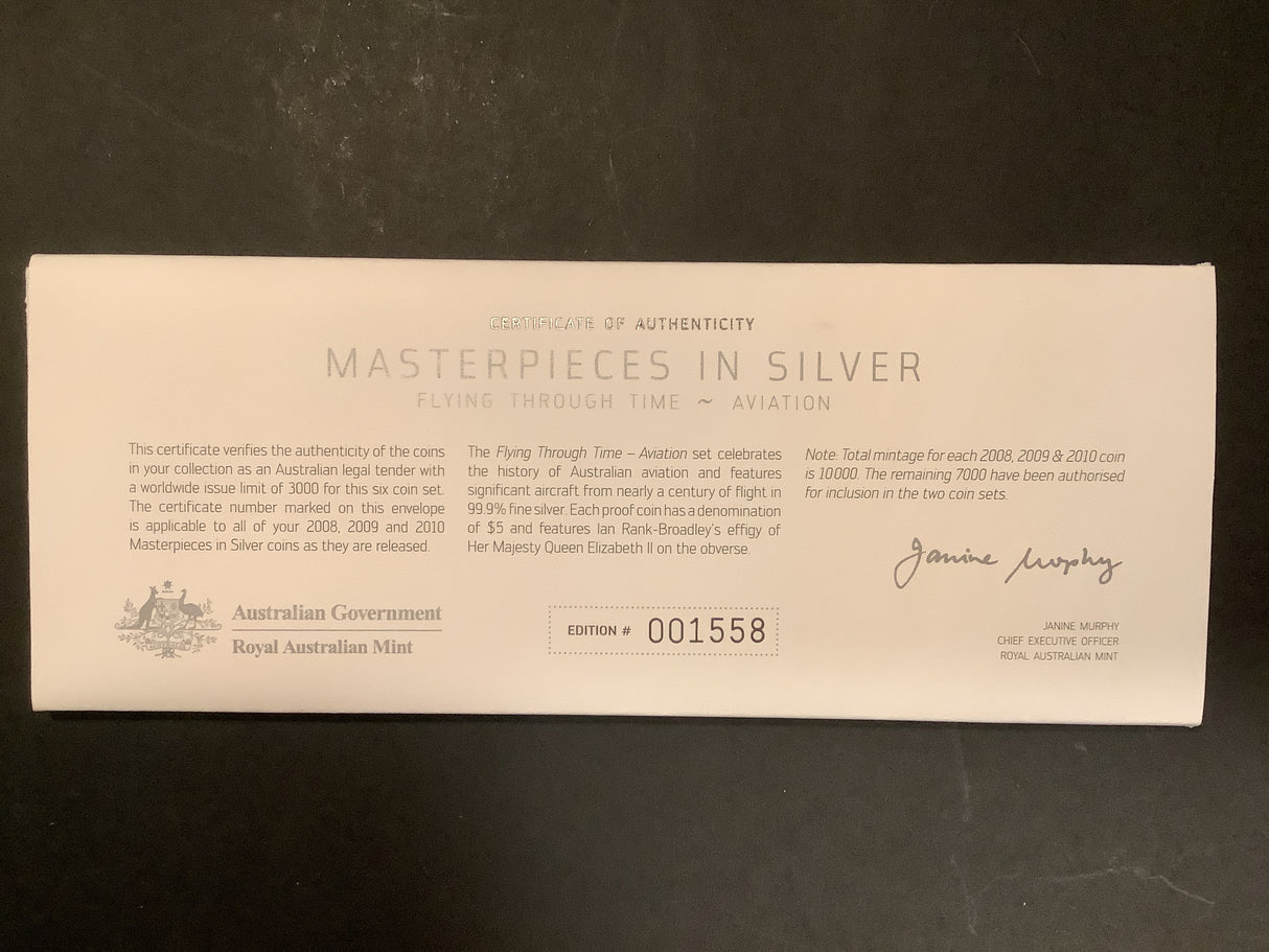 2008-10 Masterpieces in Silver. Flying Through Time Aviation. 6 Coin Set.