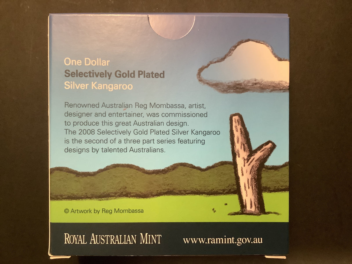 2008 $1 Selectively Gold Plated Silver Kangaroo Proof Coin. Reg Mombassa.
