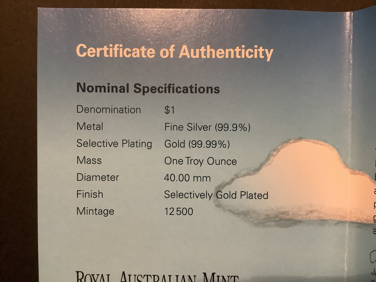 2008 $1 Selectively Gold Plated Silver Kangaroo Proof Coin. Reg Mombassa.