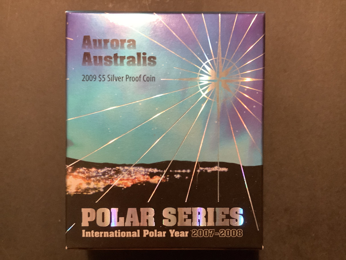 2009 Polar Series $5 Silver Proof Holographic Coin. Aurora Australis.