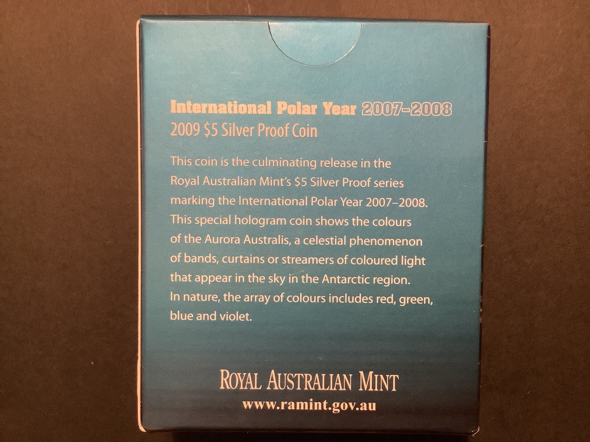 2009 Polar Series $5 Silver Proof Holographic Coin. Aurora Australis.