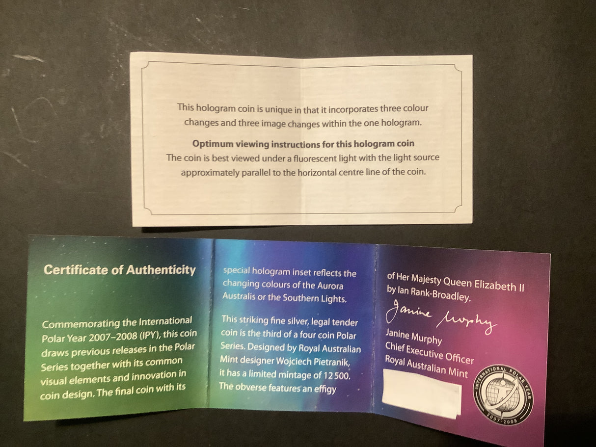 2009 Polar Series $5 Silver Proof Holographic Coin. Aurora Australis.