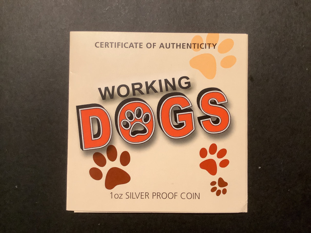 2010 $1 Working Dogs Border Collie Sheep Dog. 1 Ounce Silver Proof Coin