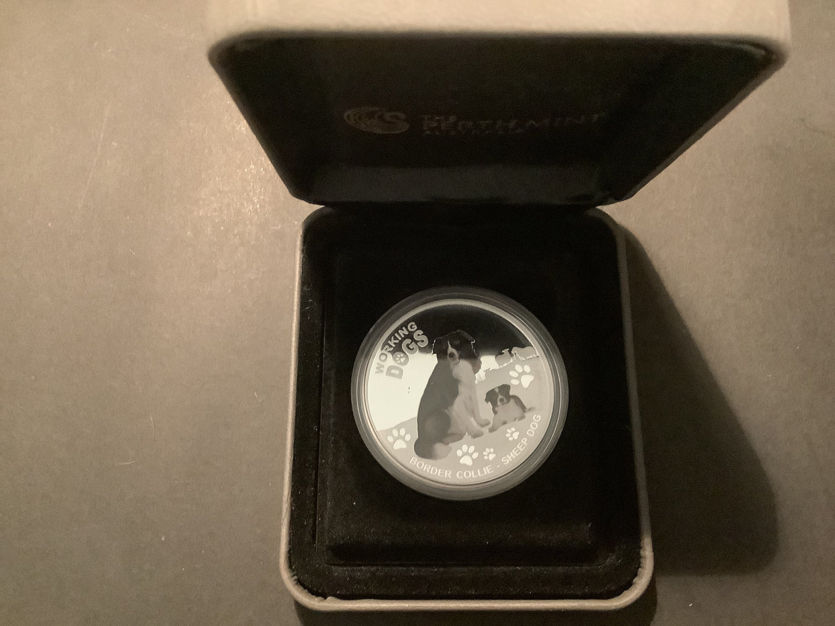 2010 $1 Working Dogs Border Collie Sheep Dog. 1 Ounce Silver Proof Coin