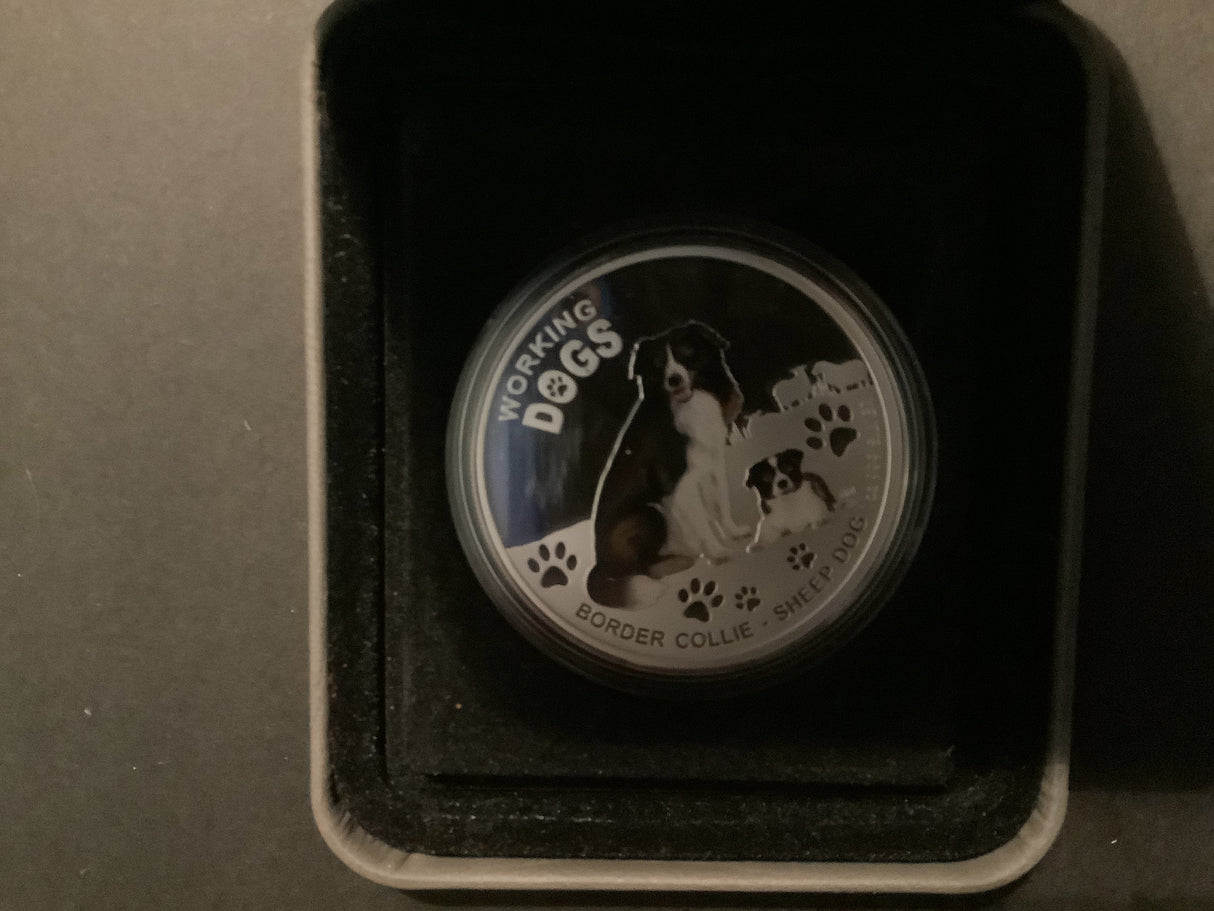 2010 $1 Working Dogs Border Collie Sheep Dog. 1 Ounce Silver Proof Coin