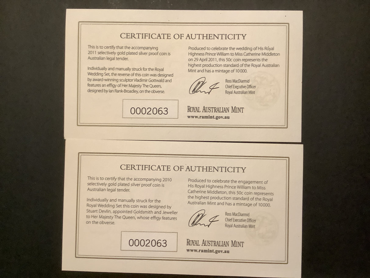 2011 50c Selectively Gold Plated Silver Proof Coin Set. Royal Wedding.