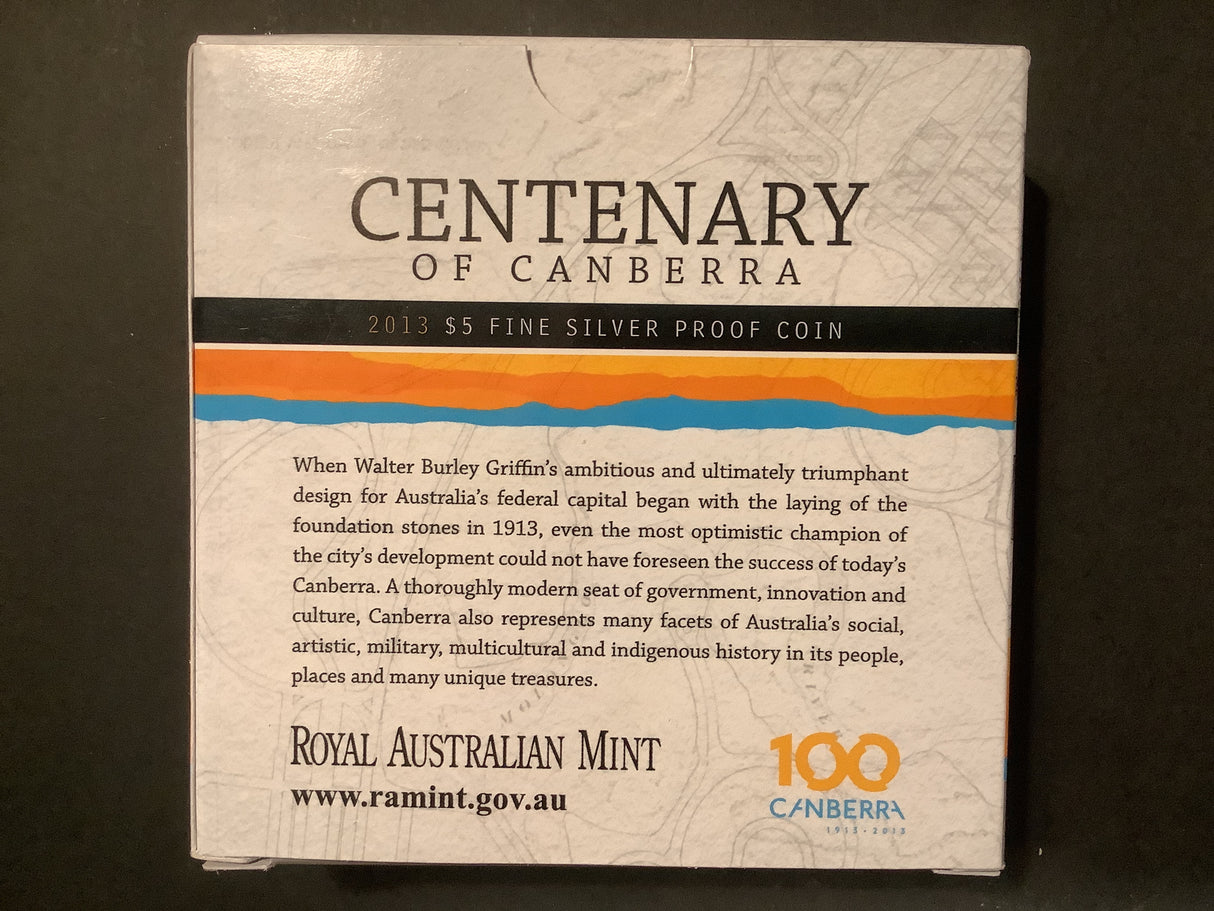 2013 $5 Silver Proof Coin. Centenary of Canberra.