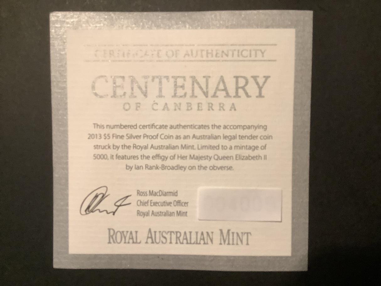 2013 $5 Silver Proof Coin. Centenary of Canberra.