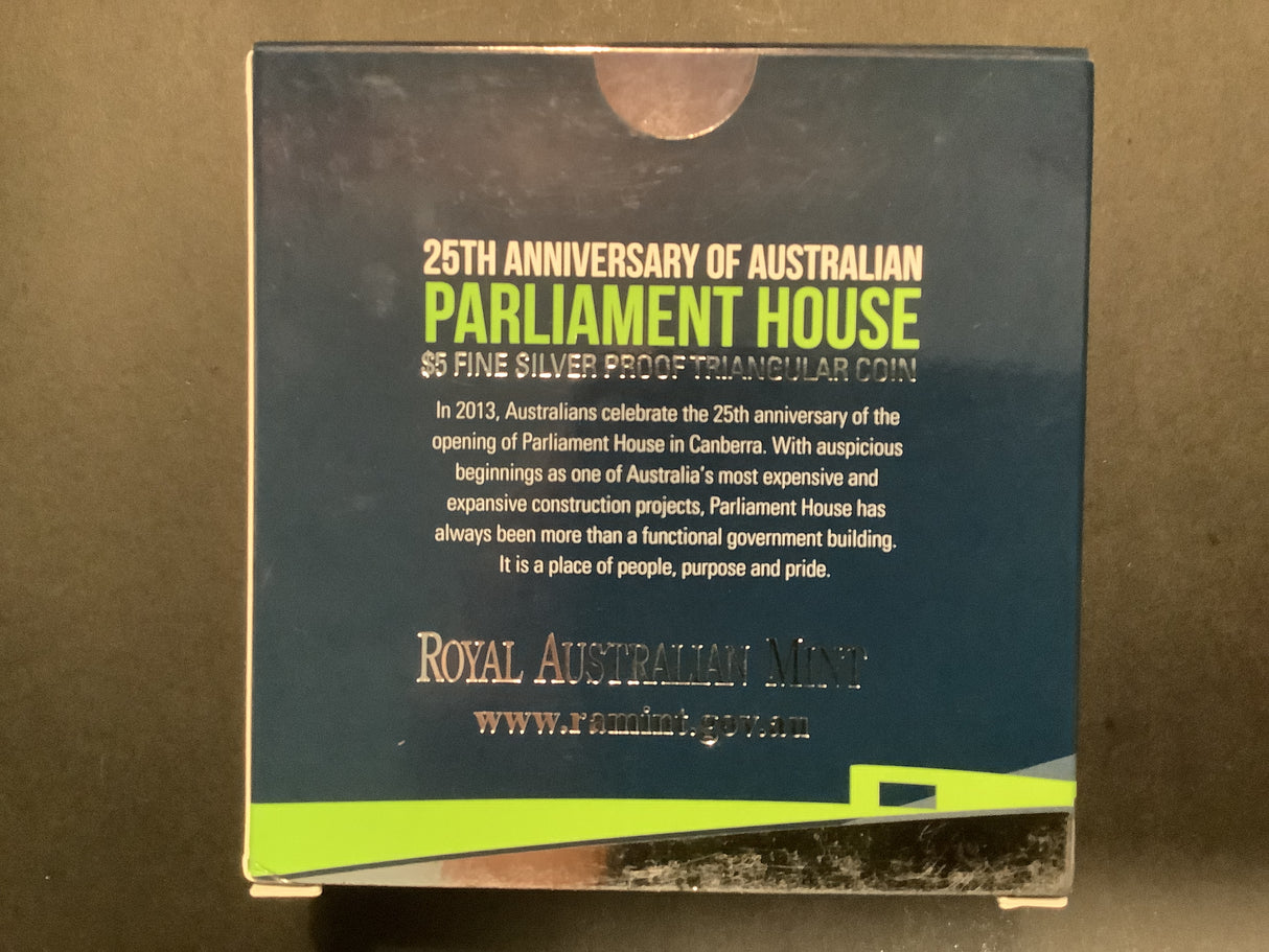 2013 $5 Silver Proof Triangular Coin. 25th Anniversary of Parliament House.