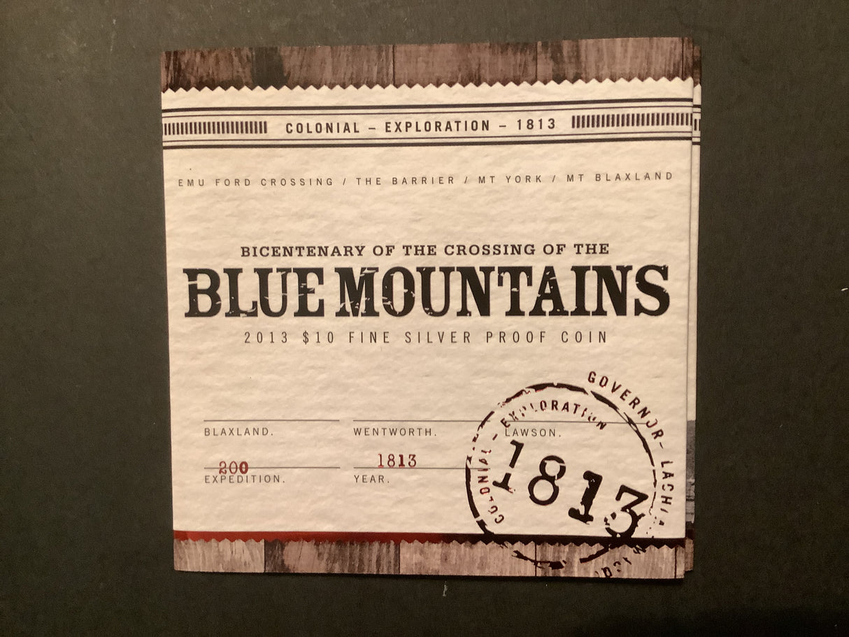 2013 $10 Silver Proof. Bicentenary of Crossing of the Blue Mountains.