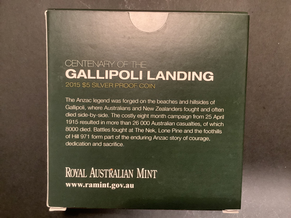2015 $5 Silver Proof Coin. Centenary of the Gallipoli Landing.