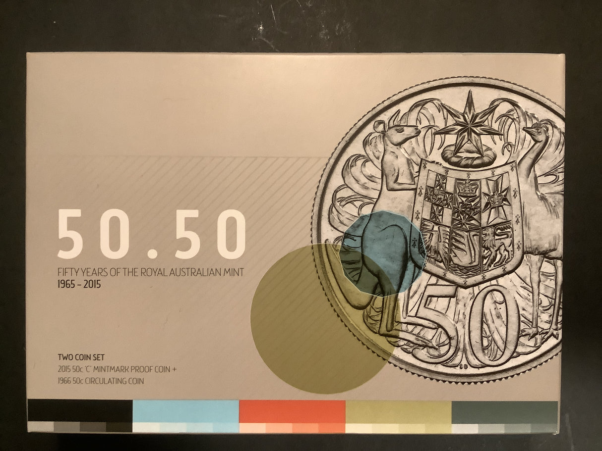 2015 50c Fifty Years of the Royal Australian Mint two-coin silver set.