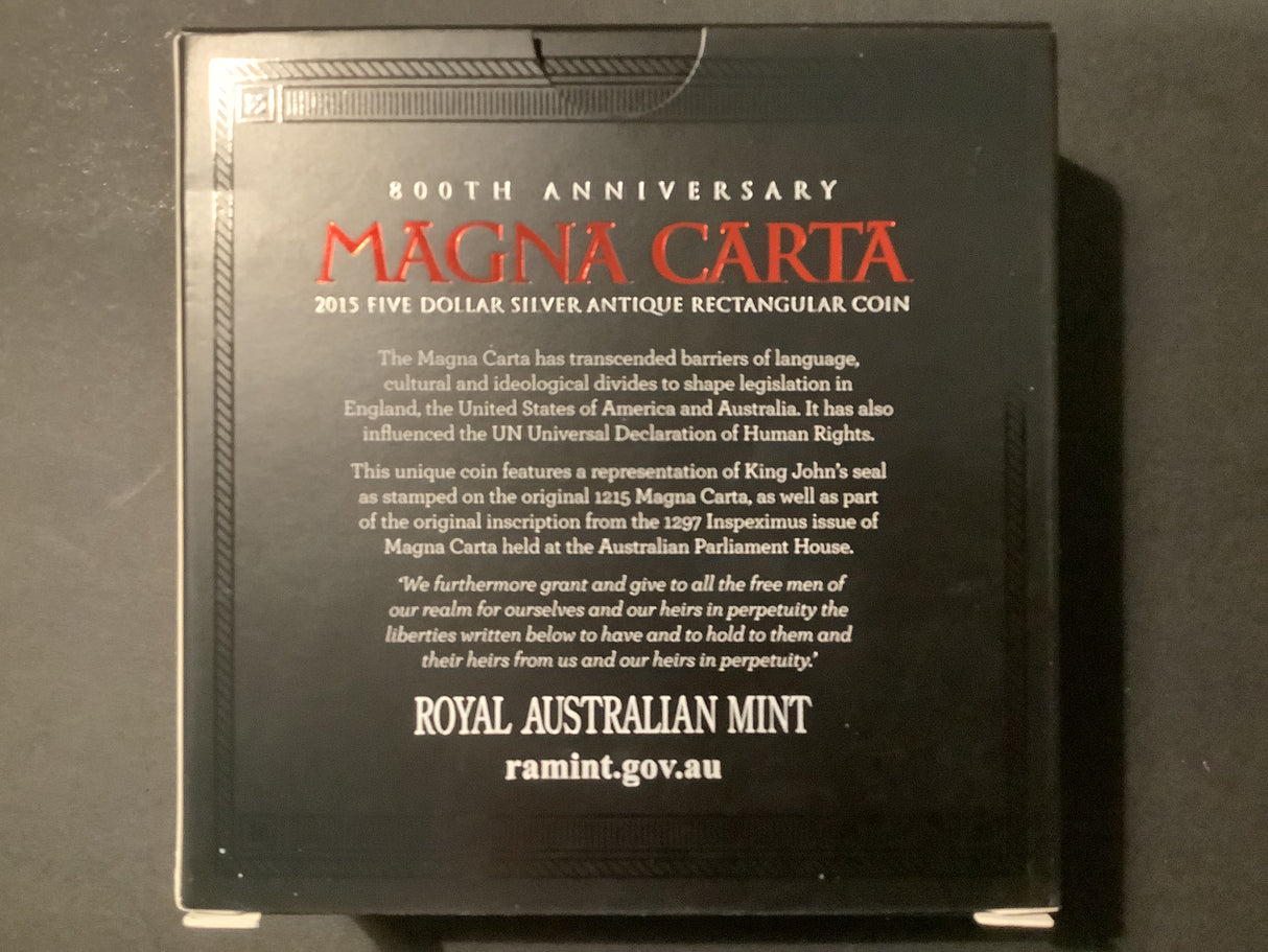 2015 $5 Silver Antique Rectangular Coin. Magna Carta 800 years.