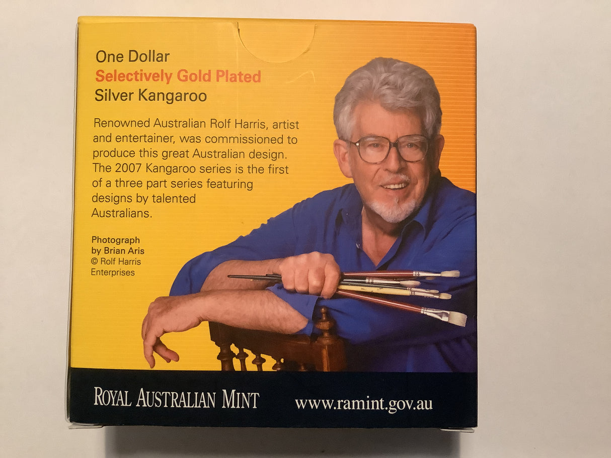 2007 Australian Artist Series $1 Selectively Gold Plated Silver Kangaroo. Rolf Harris.