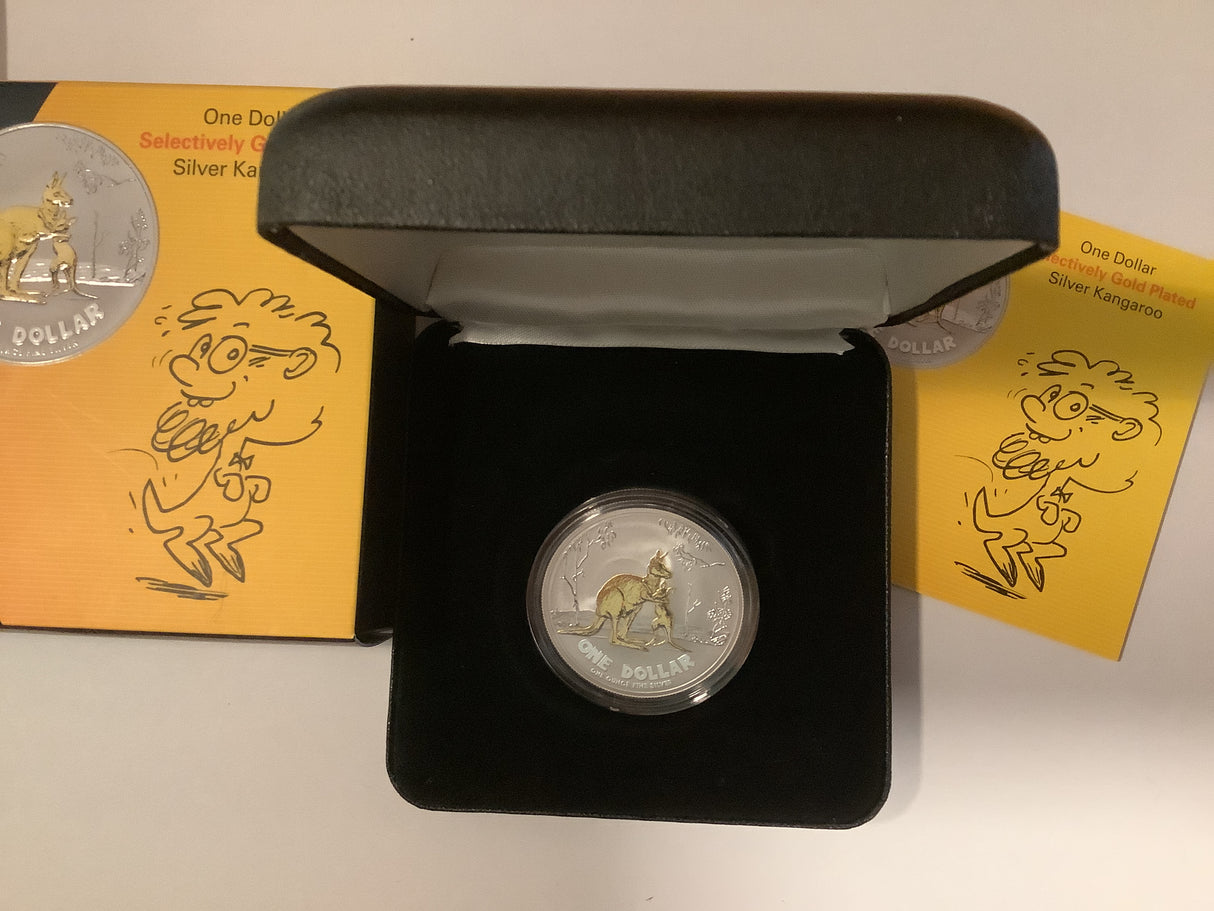 2007 Australian Artist Series $1 Selectively Gold Plated Silver Kangaroo. Rolf Harris.