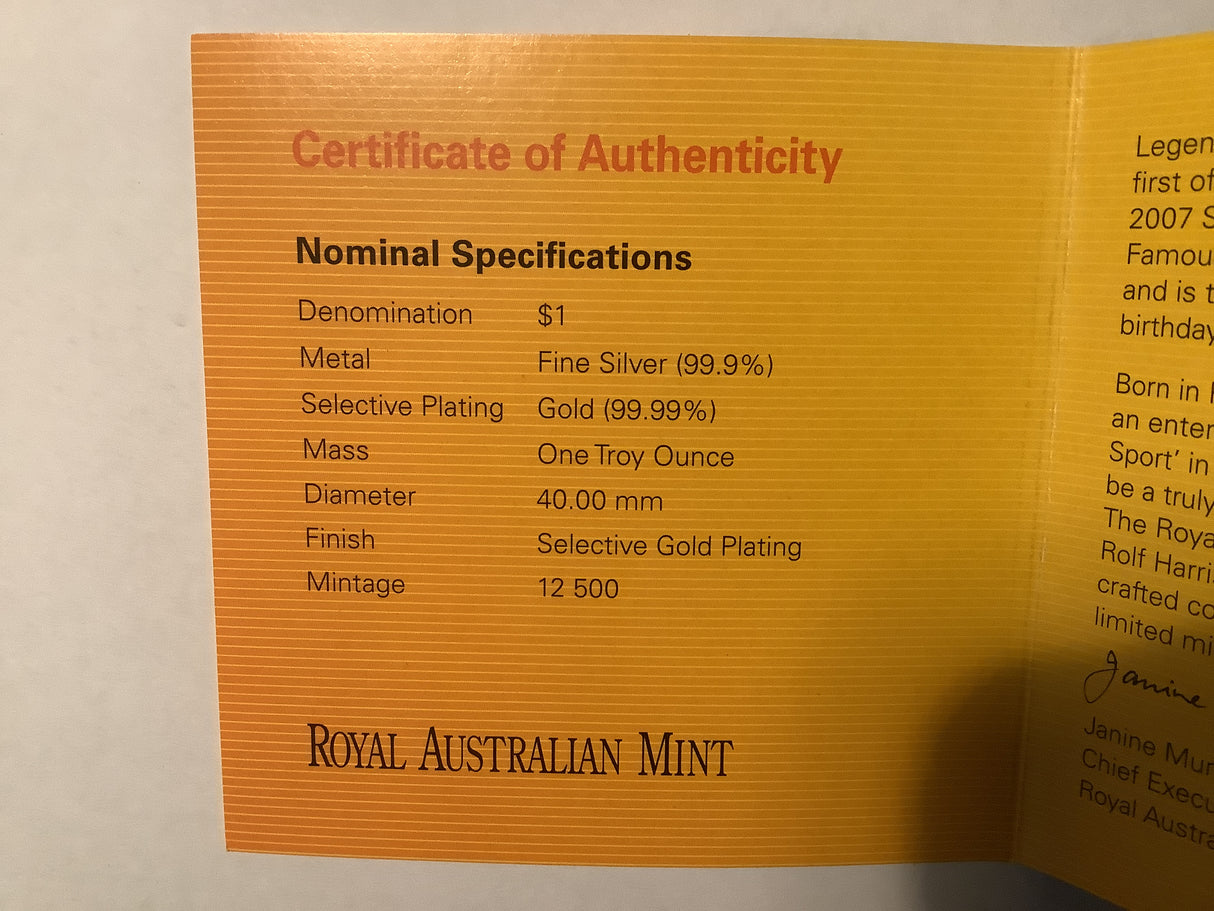 2007 Australian Artist Series $1 Selectively Gold Plated Silver Kangaroo. Rolf Harris.