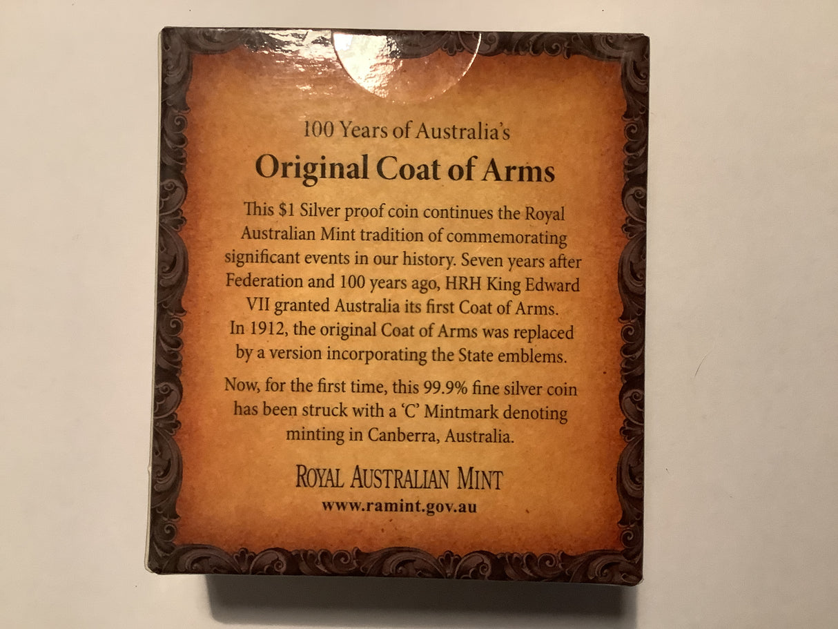 2008 $1 Fine Silver Proof Coin. 100 Years of Australia’s Original Coat of Arms.