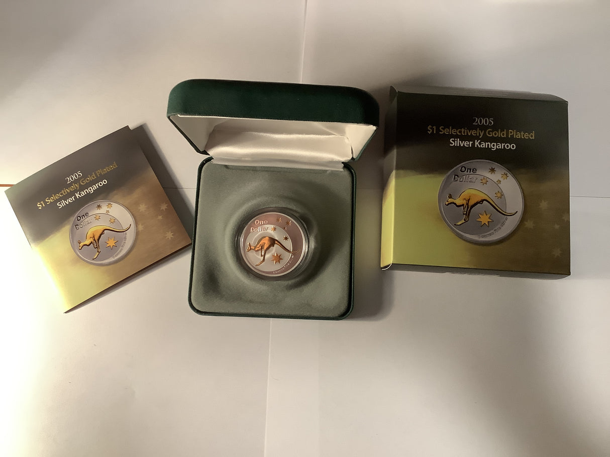 2005 $1 Selectively Gold Plated Silver Kangaroo Proof Coin