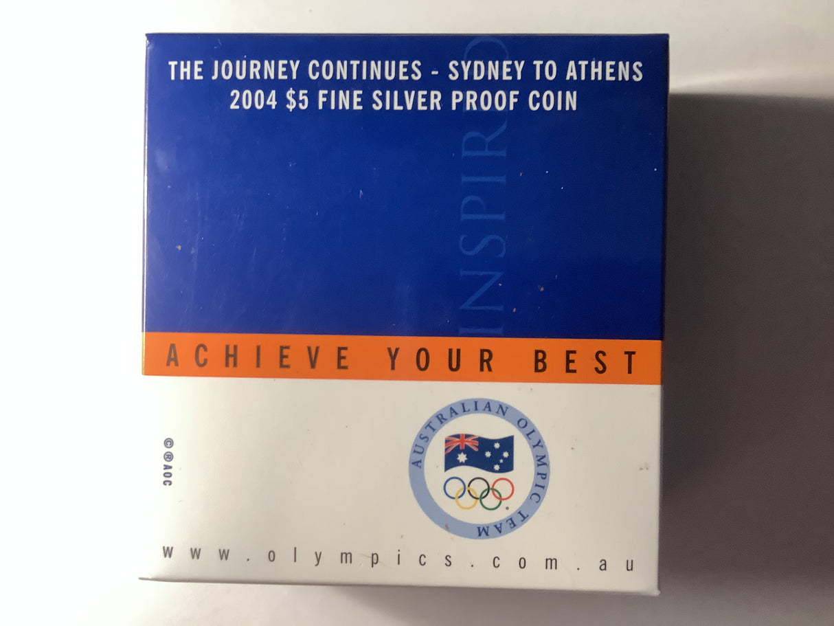 2004 $5 Fine Silver Proof Coin. The Journey Continues- Sydney to Athens.