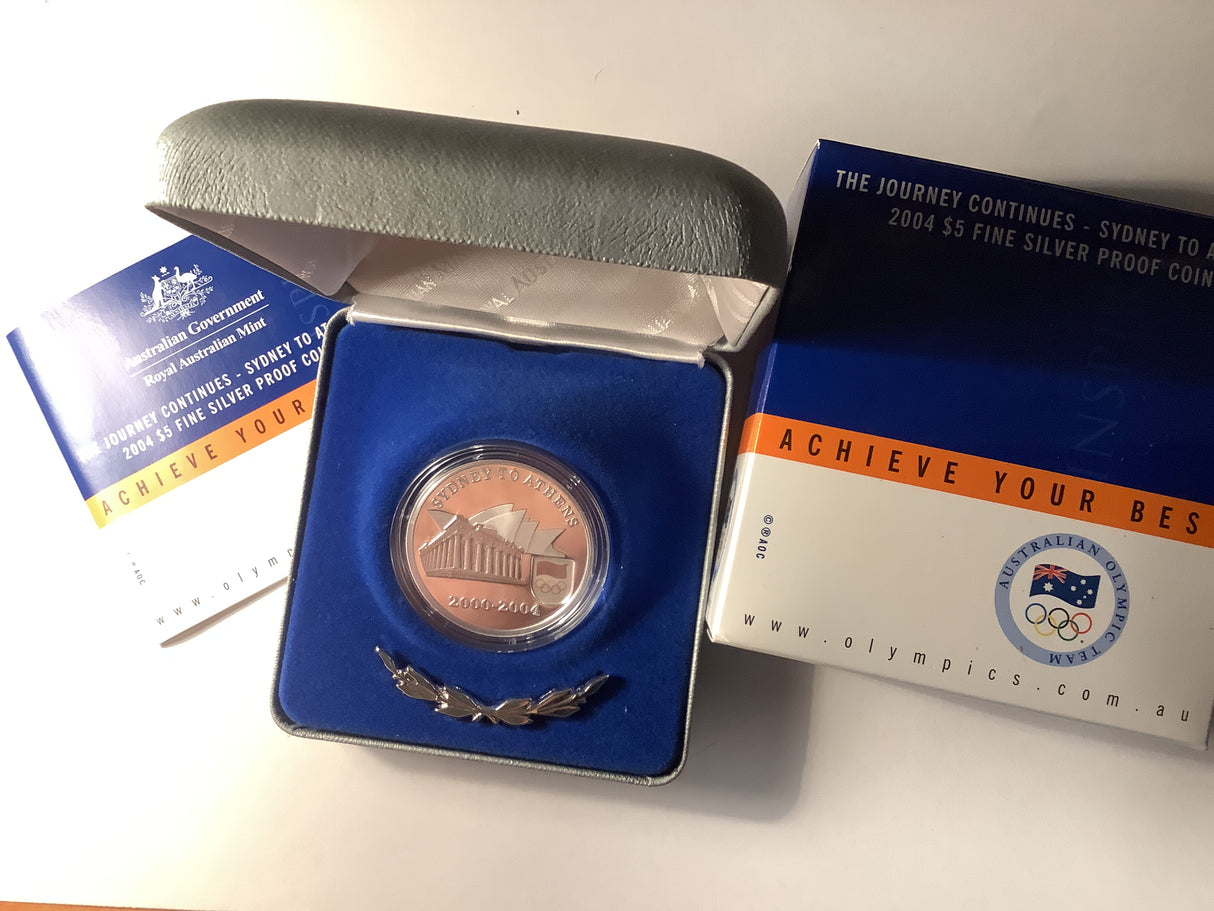 2004 $5 Fine Silver Proof Coin. The Journey Continues- Sydney to Athens.
