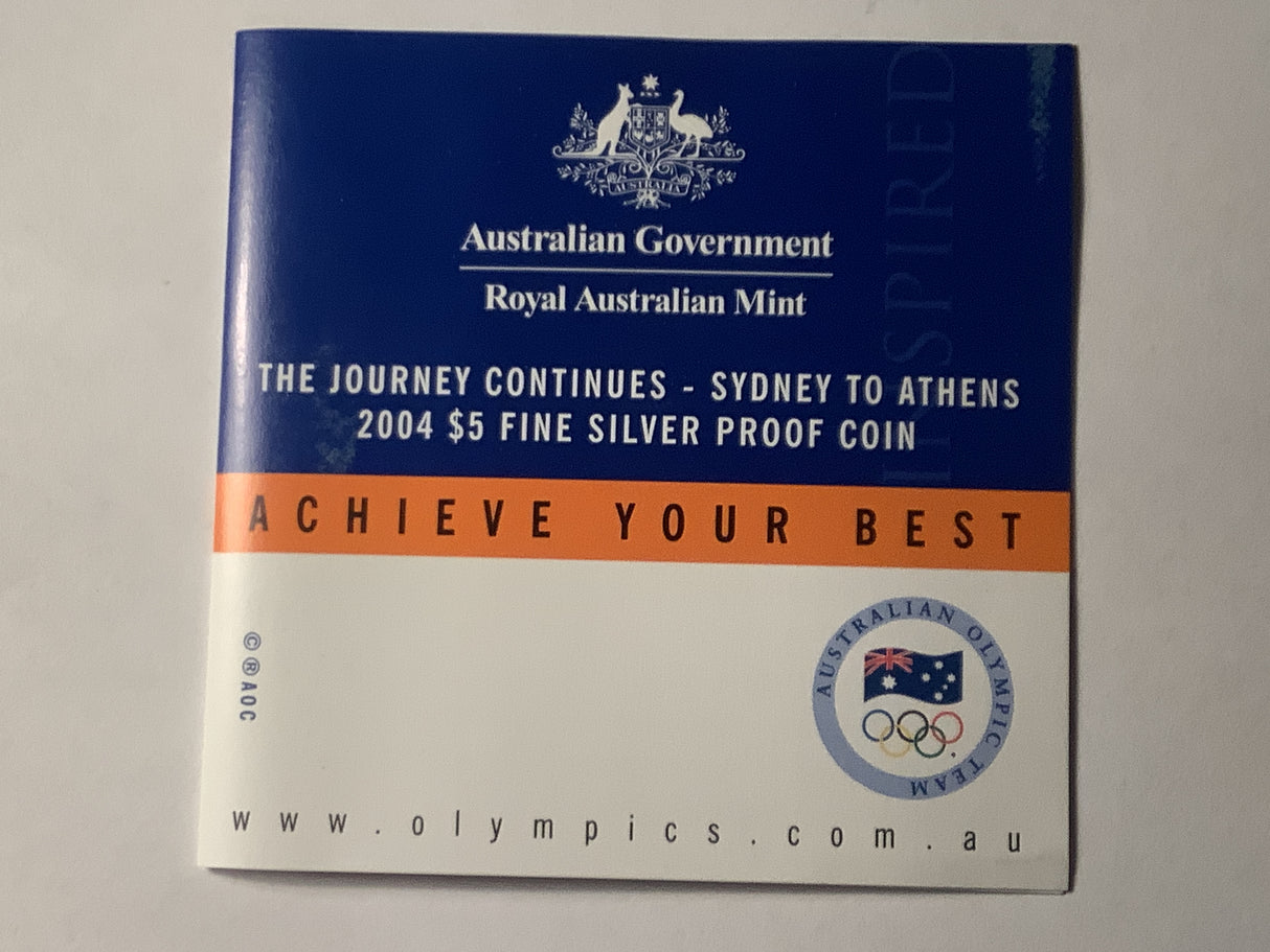 2004 $5 Fine Silver Proof Coin. The Journey Continues- Sydney to Athens.