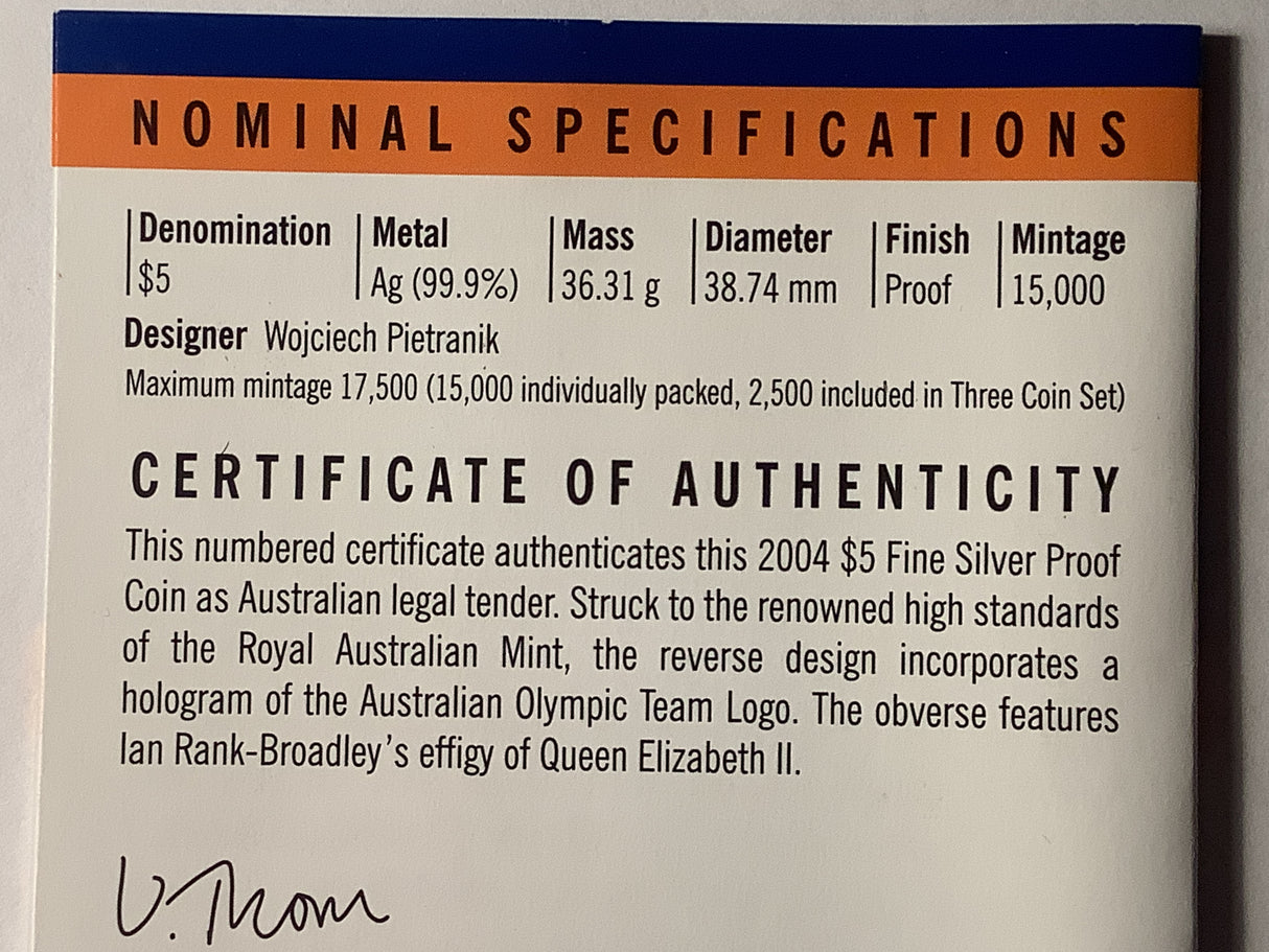 2004 $5 Fine Silver Proof Coin. The Journey Continues- Sydney to Athens.