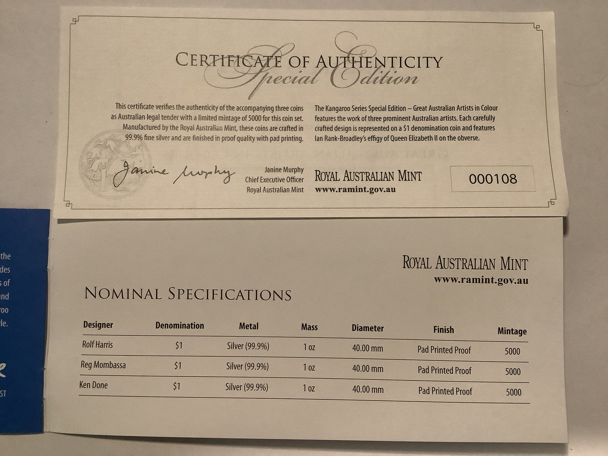 2009 Kangaroo Series Special Edition Three-Coin Set. Artists in Colour.