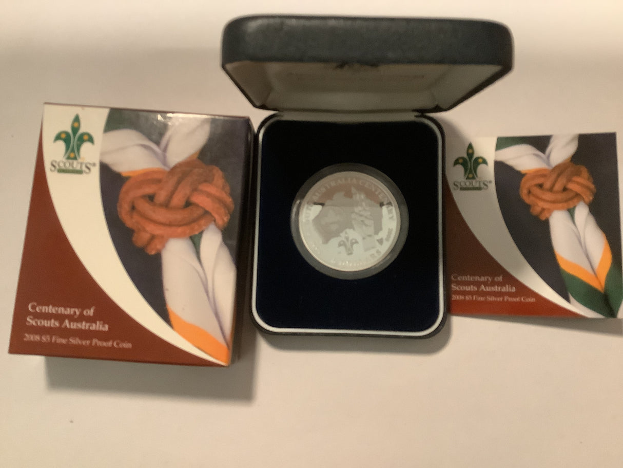 2008 Centenary of Scouts Australia $5 Fine Silver Proof Coin.