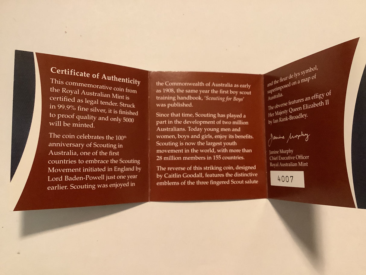 2008 Centenary of Scouts Australia $5 Fine Silver Proof Coin.