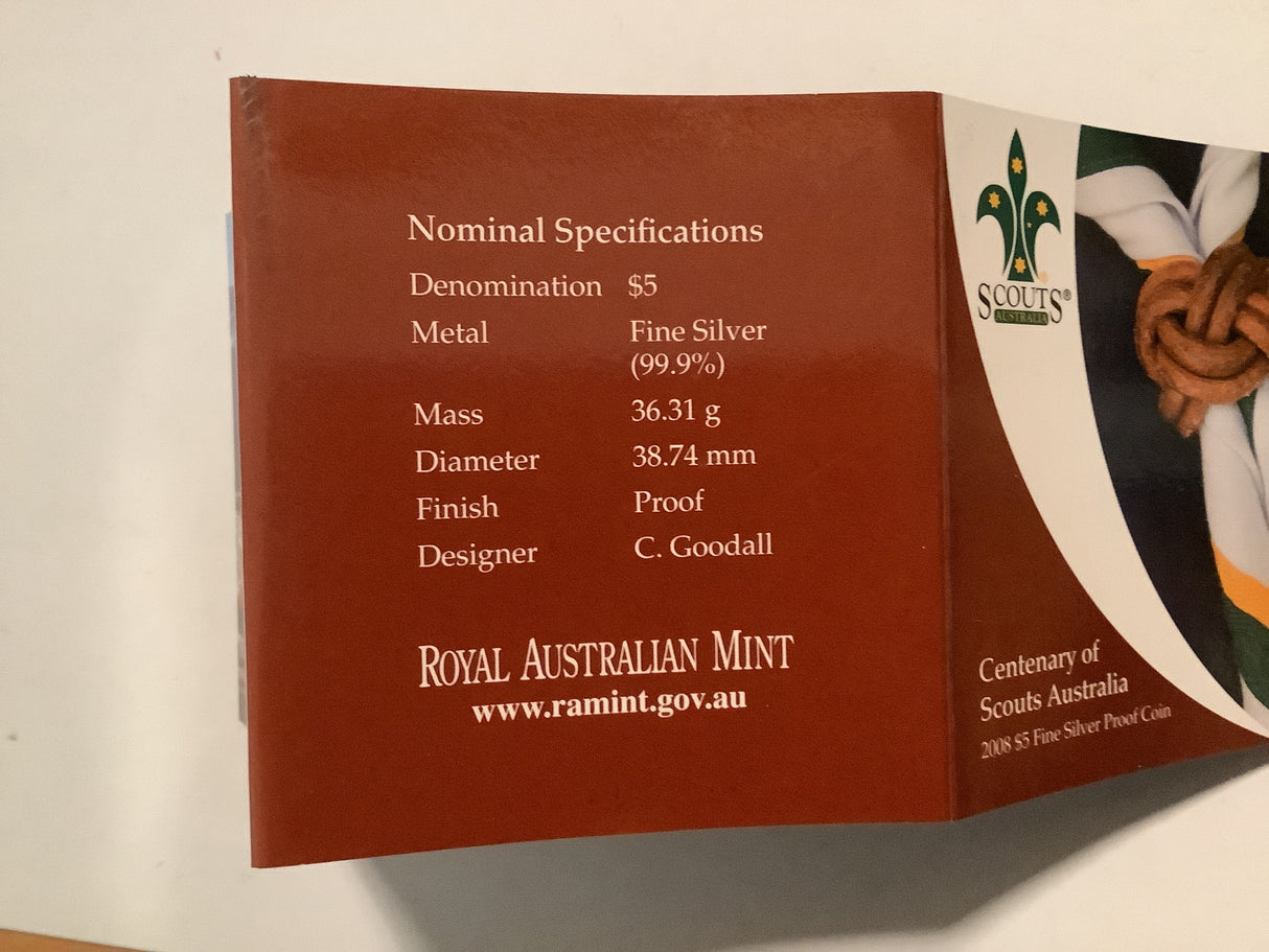 2008 Centenary of Scouts Australia $5 Fine Silver Proof Coin.