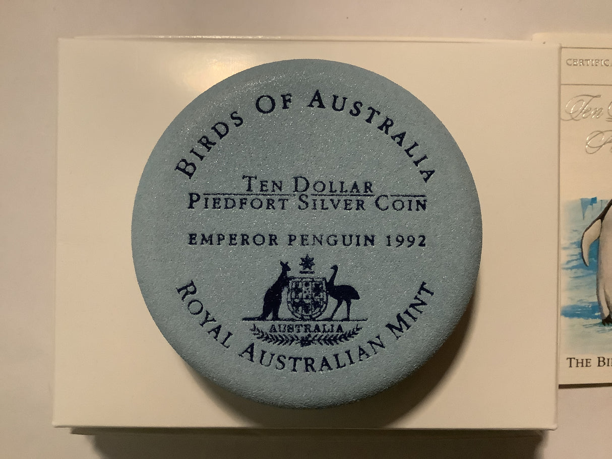 1992 $10 Silver Piedfort Coin. The Birds of Australia. Emperor Penguin