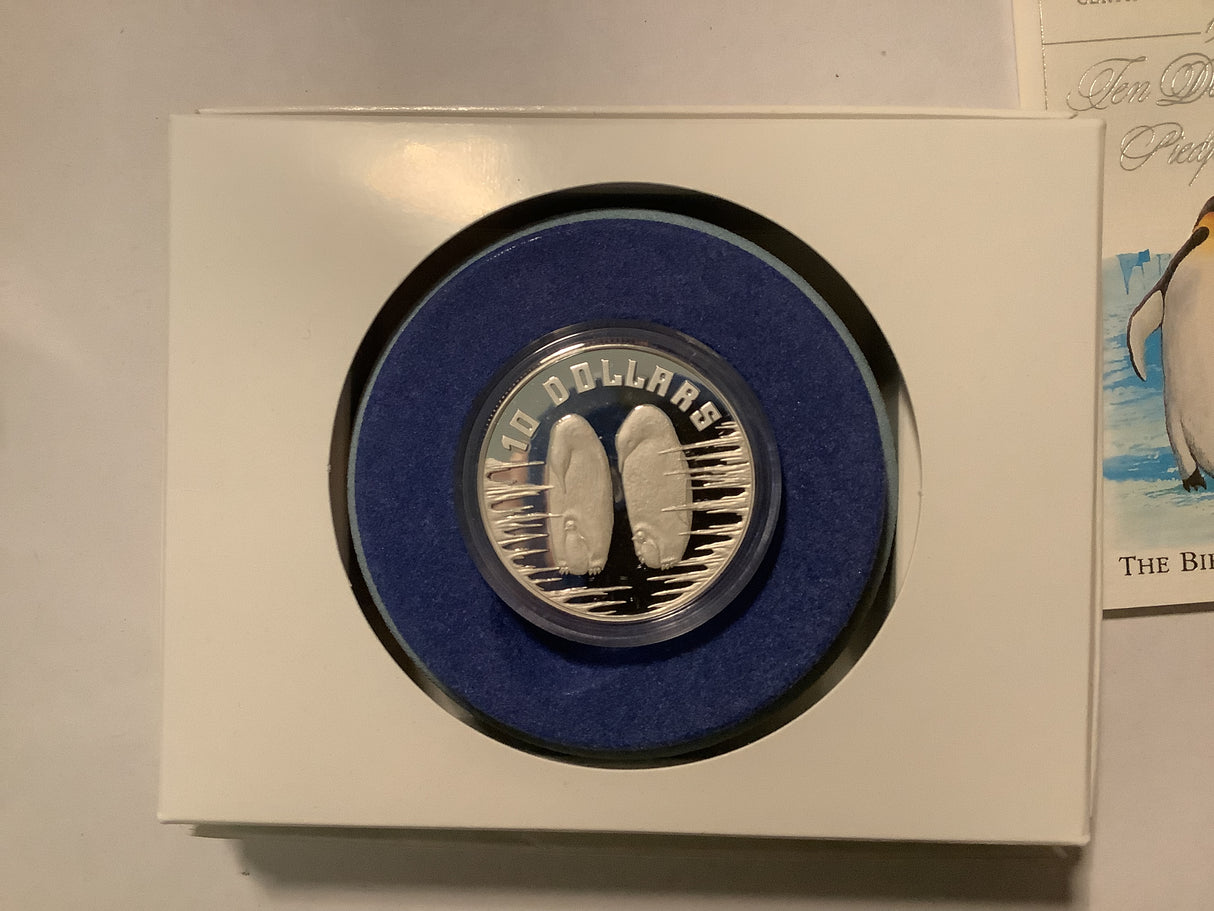 1992 $10 Silver Piedfort Coin. The Birds of Australia. Emperor Penguin