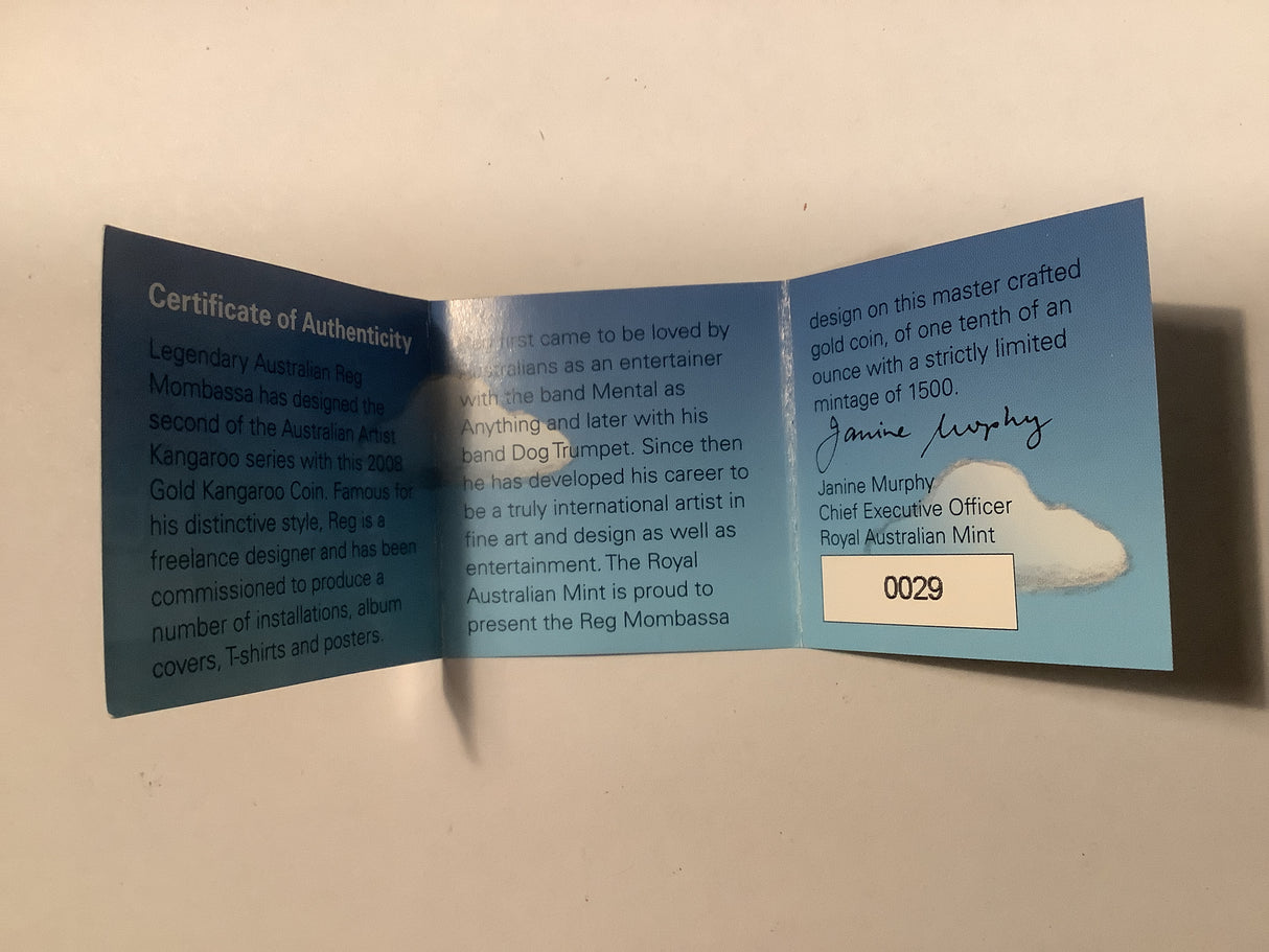 2008 Australian Artist Series Reg Mombassa $10 Gold Kangaroo Proof Coin.