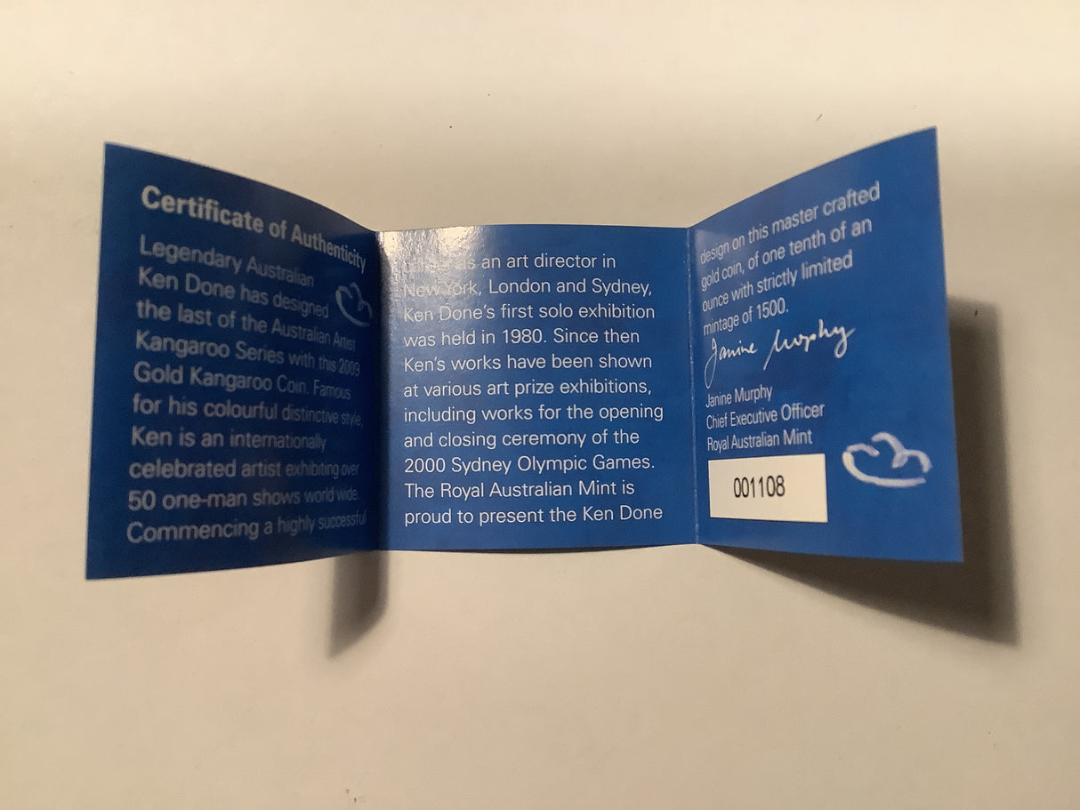 2009 Australian Artist Series Ken Done $10 Gold Kangaroo Proof Coin.