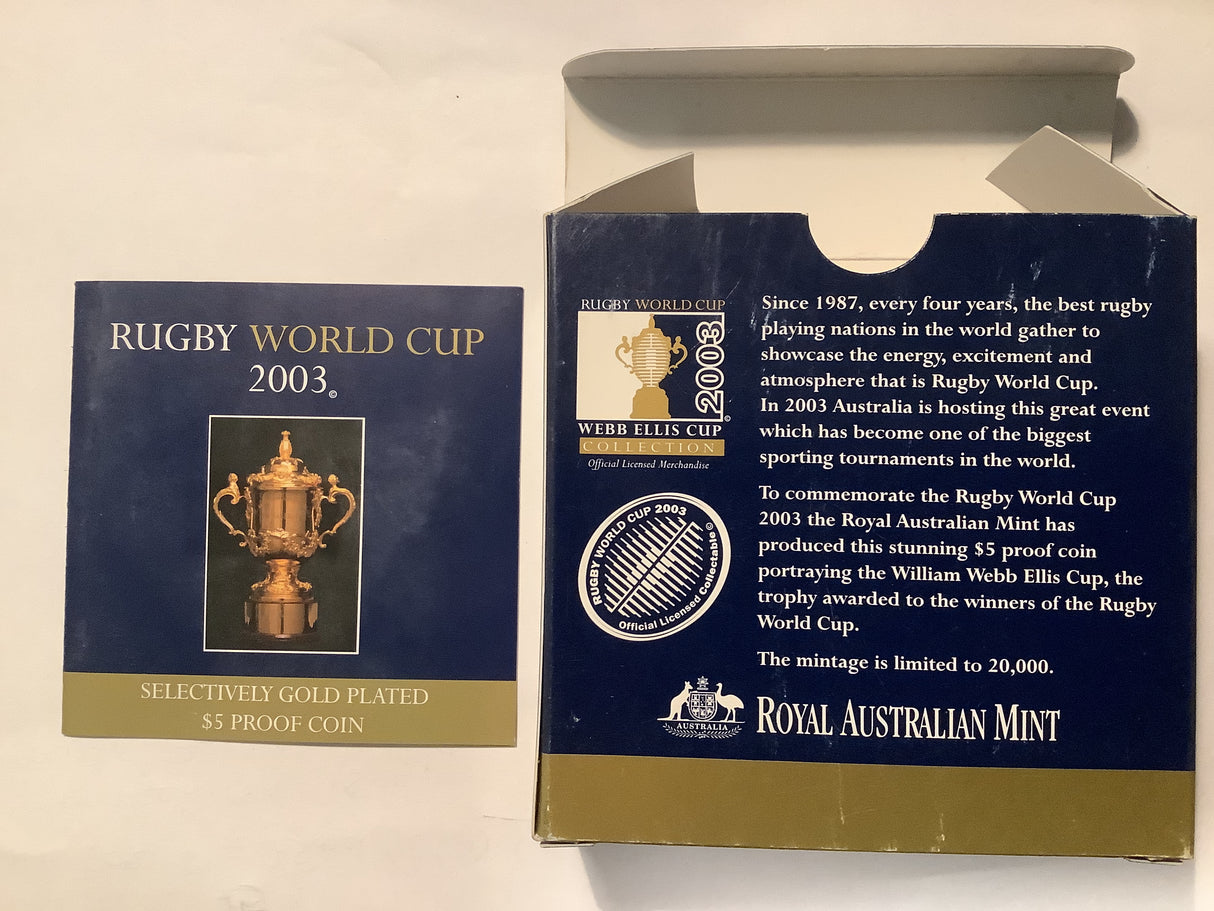 2003 Rugby World Cup Selectively Gold Plated $5 Silver Proof Coin.