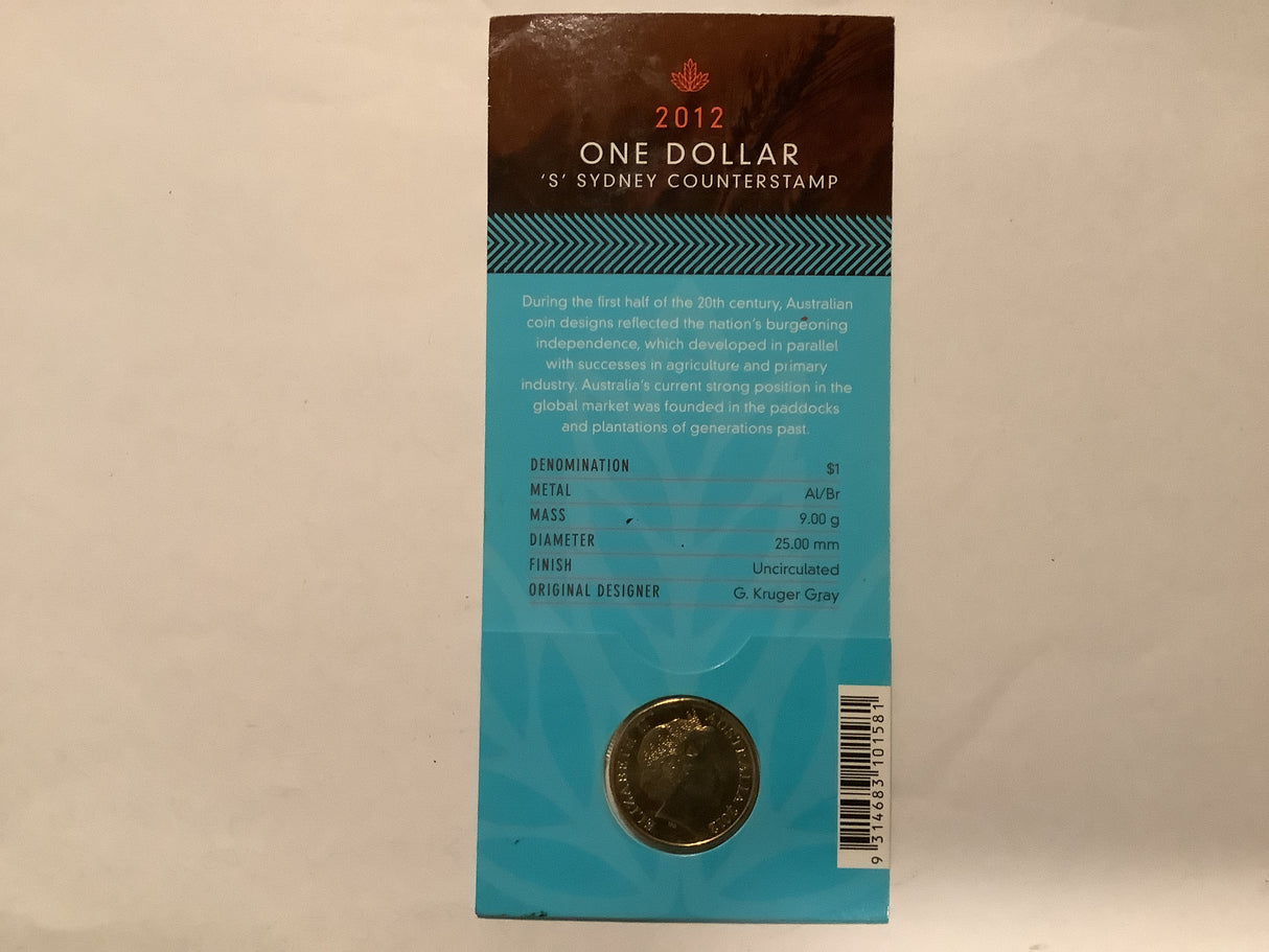 2012 $1 Wheat Sheaf Dollar ’S’ Sydney counter stamp.
