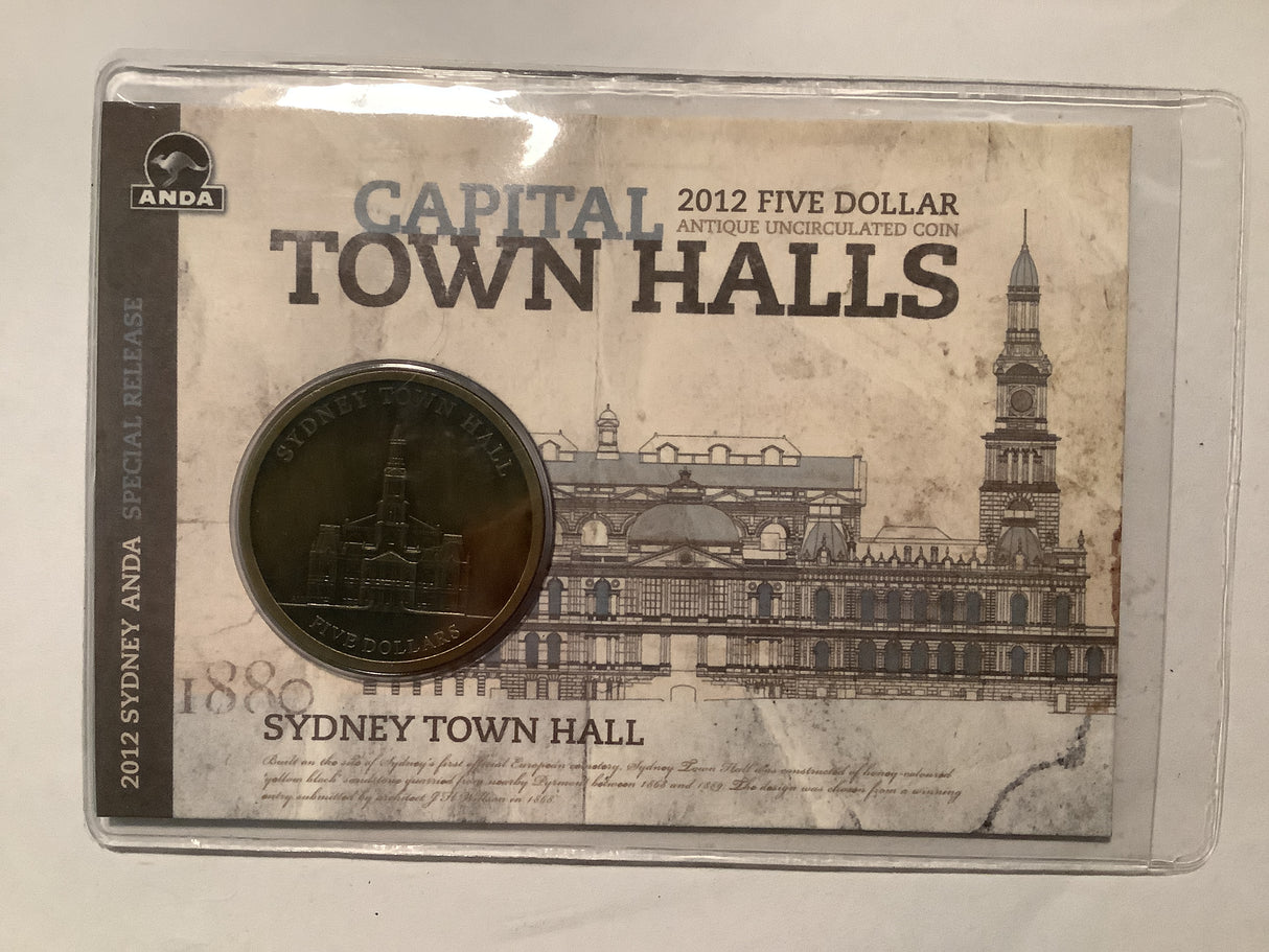 2012 $5 ANDA Antique Uncirculated Coin. Capital Town Halls. Sydney.