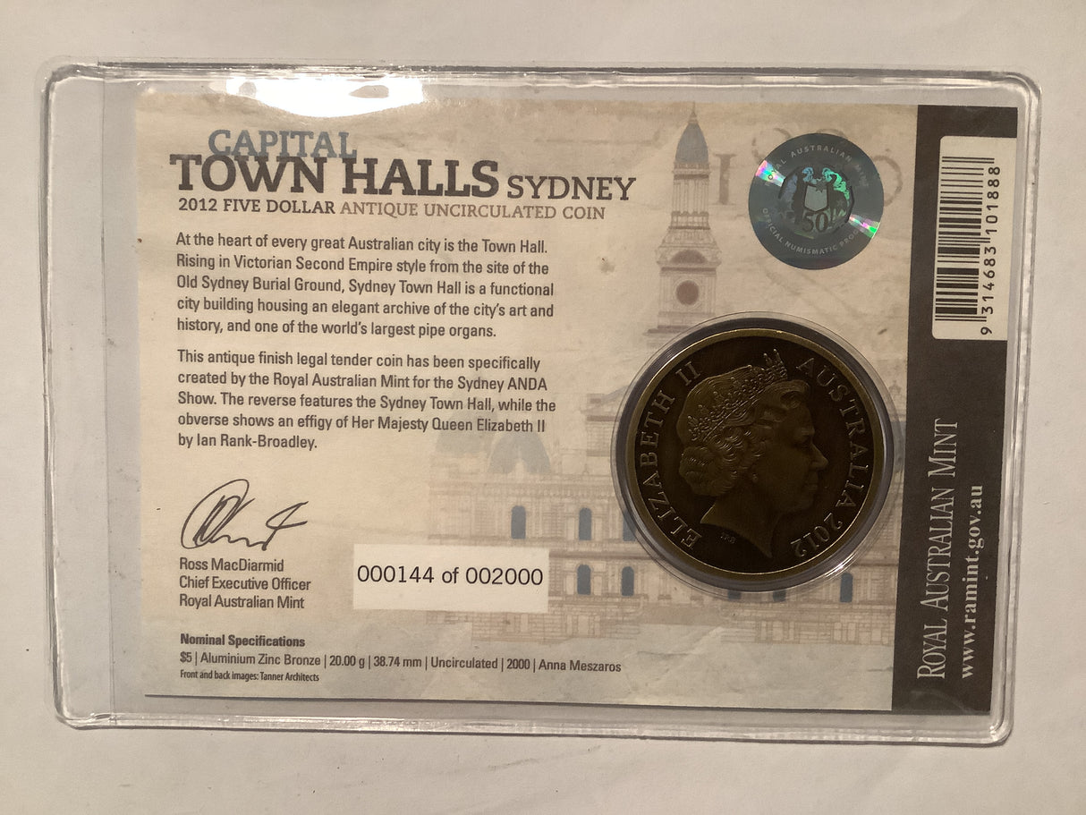 2012 $5 ANDA Antique Uncirculated Coin. Capital Town Halls. Sydney.